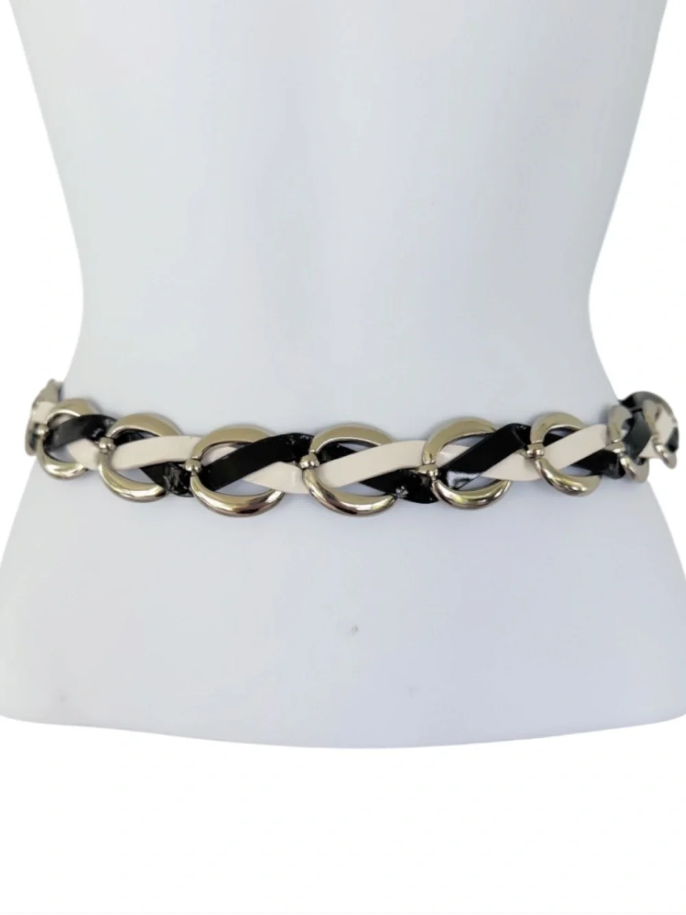 White House Black Market black white silver woven chain stretch fit belt